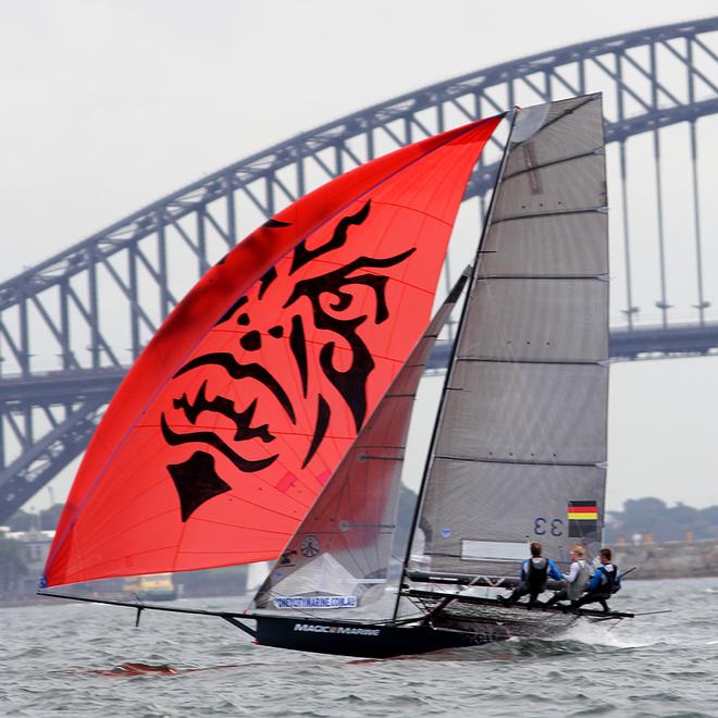 Germany’s Magic Marine with her specdtacular spinnaker - JJ Giltinan 18ft Skiff Championship 2014 © Australian 18 Footers League http://www.18footers.com.au